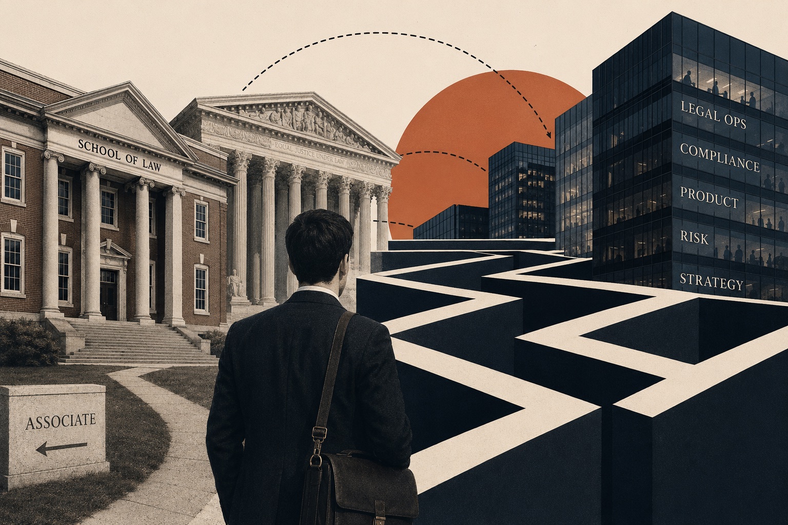 A lawyer with a briefcase stands at the edge of a maze, the law school and courthouse he came from behind him, glass office towers labeled Legal Ops, Compliance, Product, Risk, and Strategy ahead.