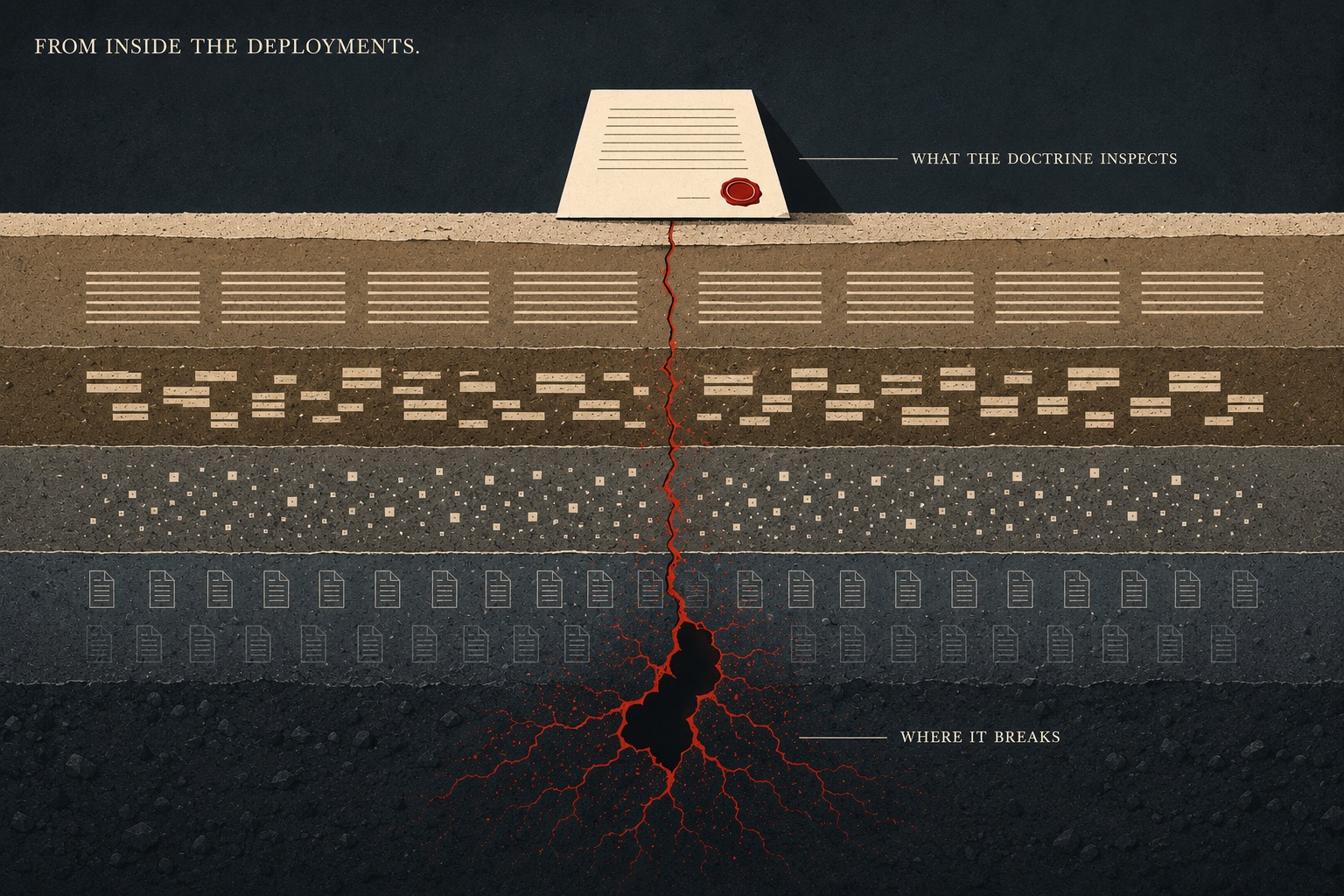 A wax-sealed document rests on the surface of a geological cross-section labeled "what the doctrine inspects," while a red fissure runs down from beneath it through strata of text, then chunks, then scattered vector points, then rows of ghosted file icons, splitting open in the dark bottom layer beside the caption "where it breaks."