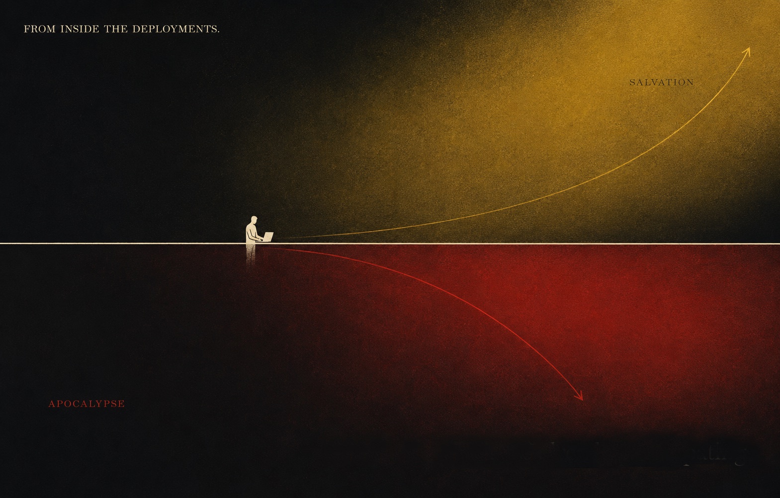 A lone figure with a laptop stands on a horizon line between two futures, a golden arrow curving up toward 